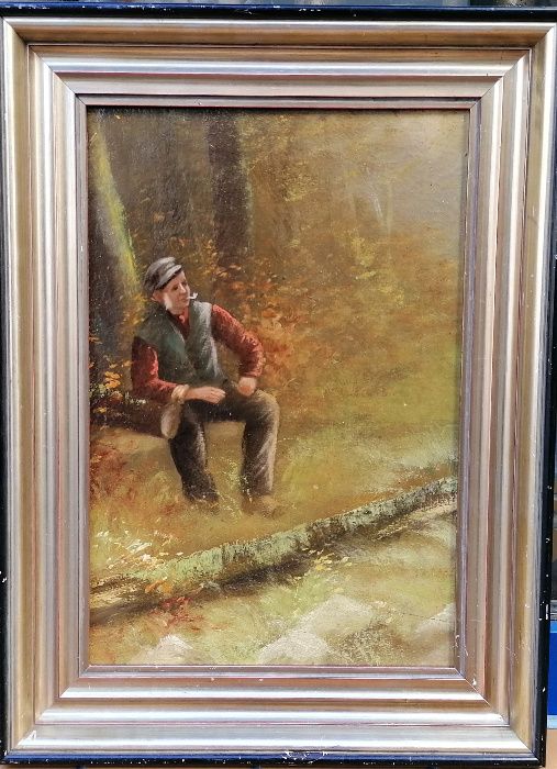 Odpoczynek w lesie, stary pejzaż olejny na płótnie