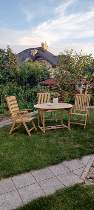 Meble ogrodowe, drewniane, dębowe, stól i krzesla do ogrodu, leżaki