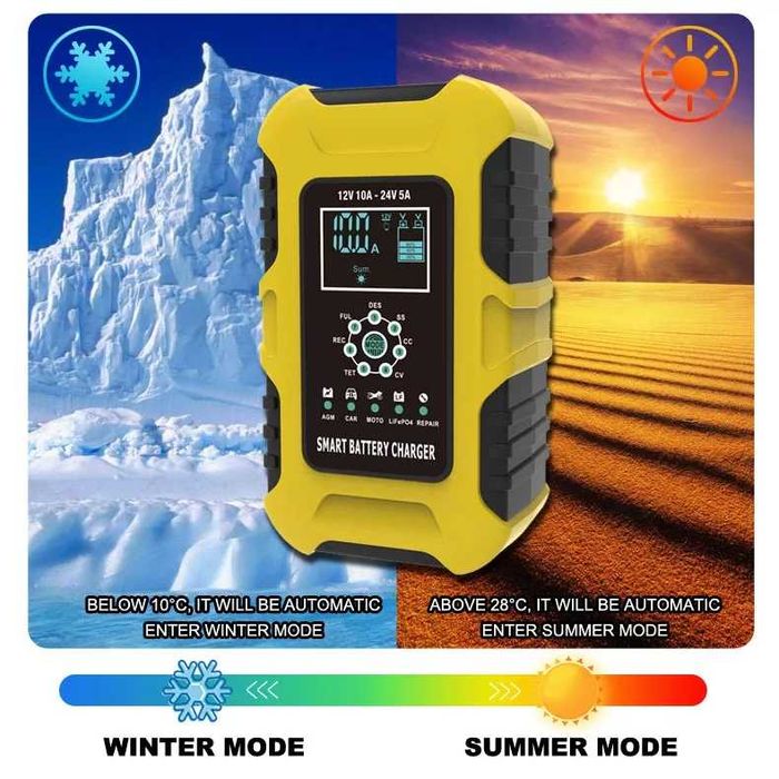 Foxsur Зарядное устройство 10A 12-24V авто мото аккумулятор автоматиче