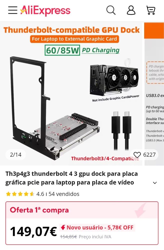 Th3p4g3 thunderbolt 4 3 gpu dock para placa grafica para laptop