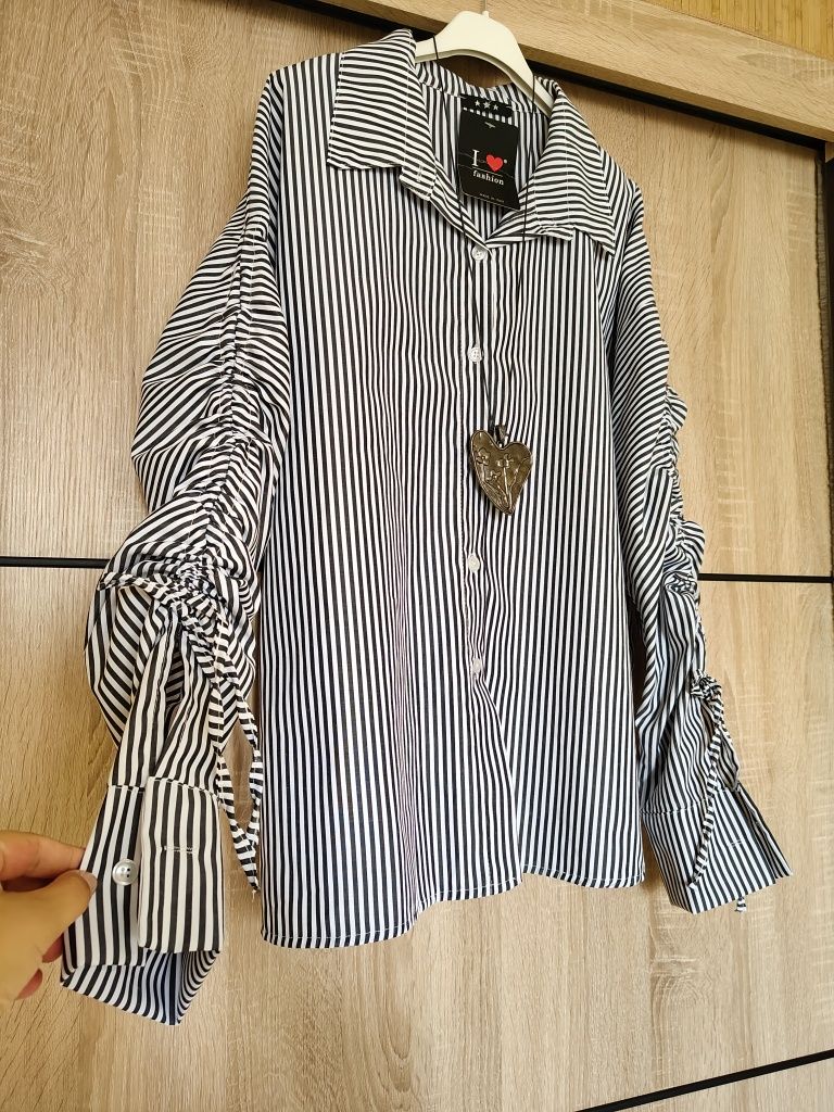 Koszula guziki paski 42 44 Plus size wiązanie kołnierzyk