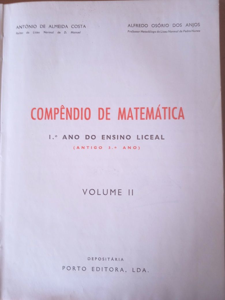 Compêndio de Matemática, do Ensino Liceal, 1 ºAno,