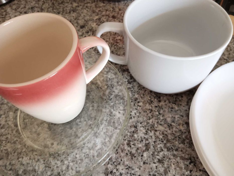 lote 10 peças louças: canecas, pratos sobremesa, tigelas