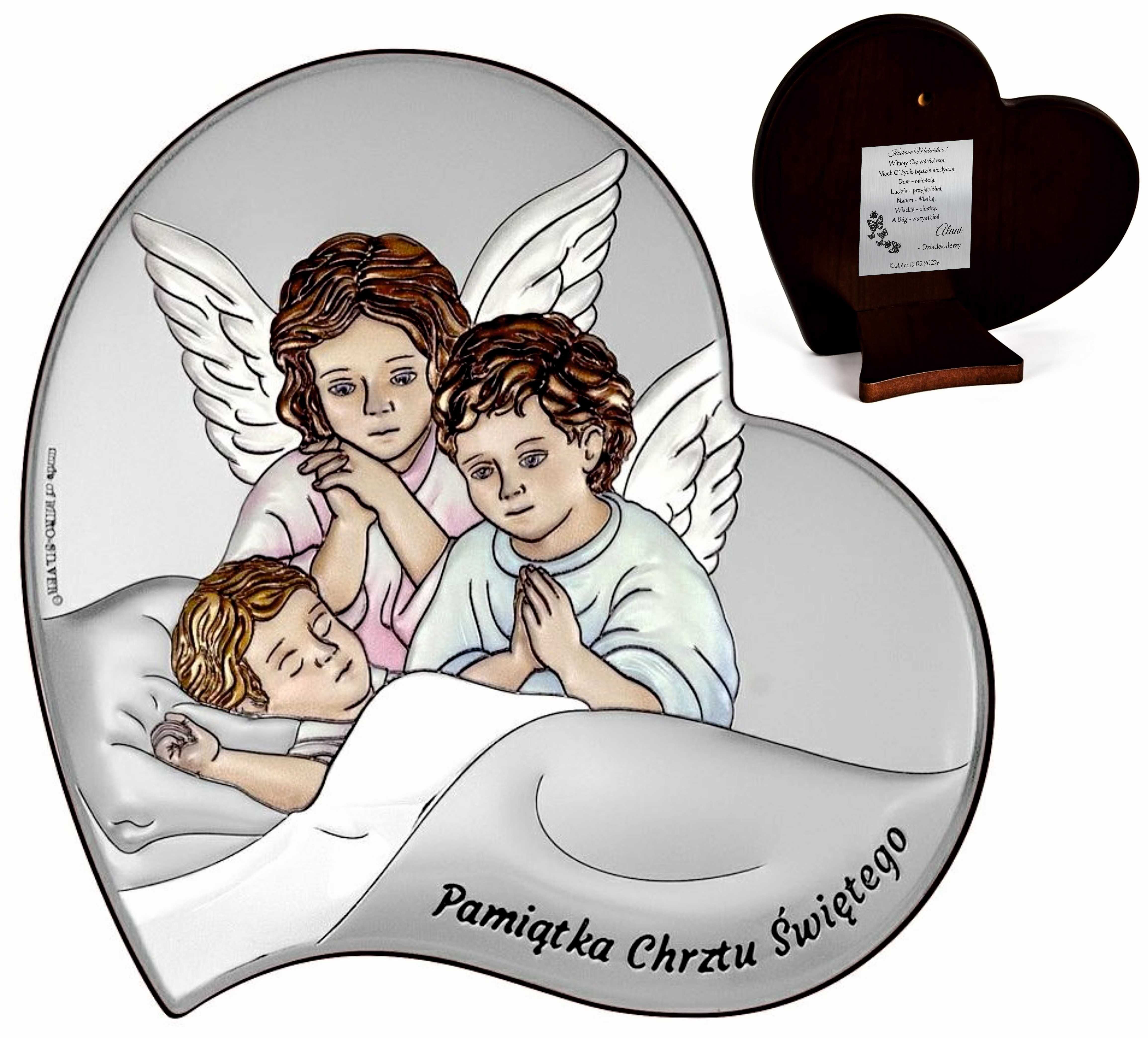 Srebrny Obrazek Chrzest Aniołki Pamiątka Chrztu Świętego Anioł Stróż