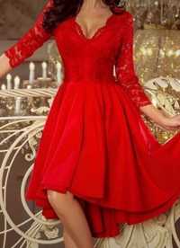 Czerwona sukienka asymetryczna koktajlowa 42 koronkowa studniówka