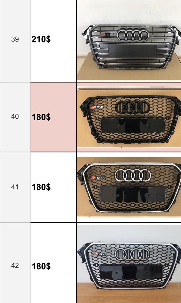 решетка радиатора Audi A1,A3,A4,A5,A6,A7,A8,Q3,Q5,Q7,S1,S3,S4,S5,S6,S7