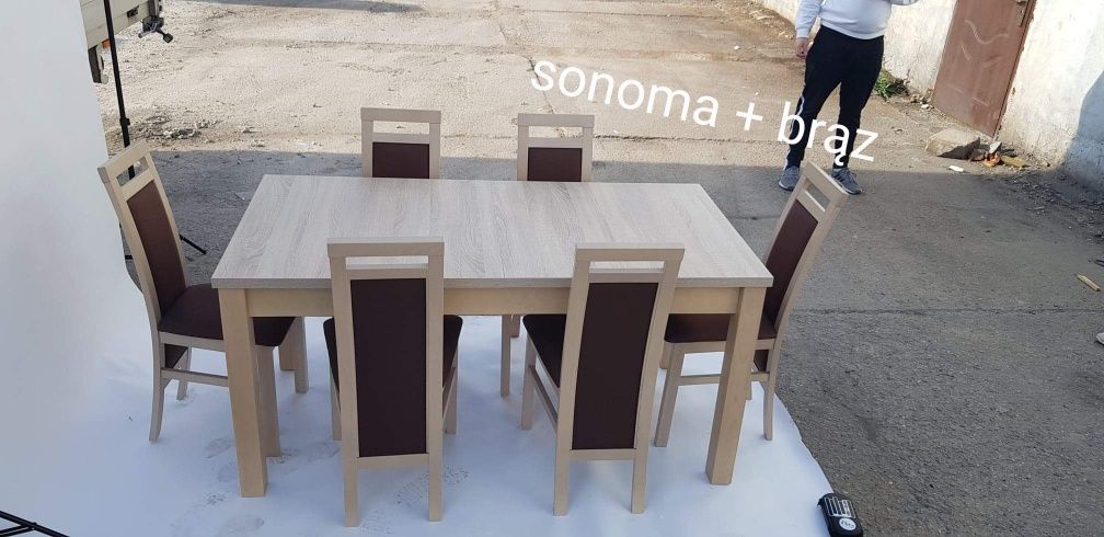 Nowe: STÓŁ 80x160/200 + 6 KRZESEŁ , sonoma + brąz,  dostawa PL