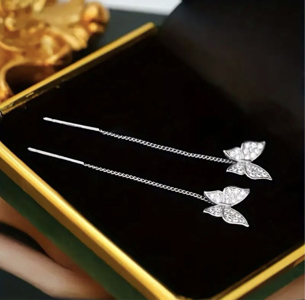 Серьги сережки шикарные гвоздики бабочки с цепочкой