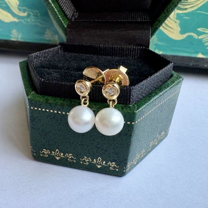 Retro kolczyki złoto 18 k perły diamenty sztyfty Certyfikat