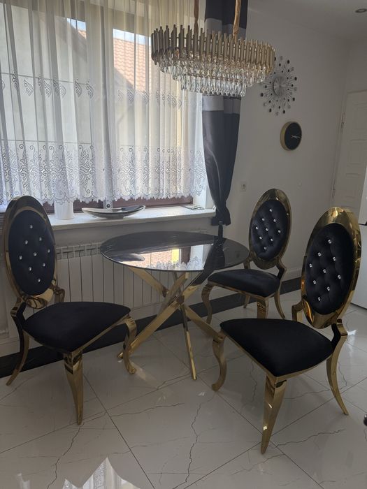 3 szt NOWE Krzesła glamour złote luksusowe czarny welur z kryształami
