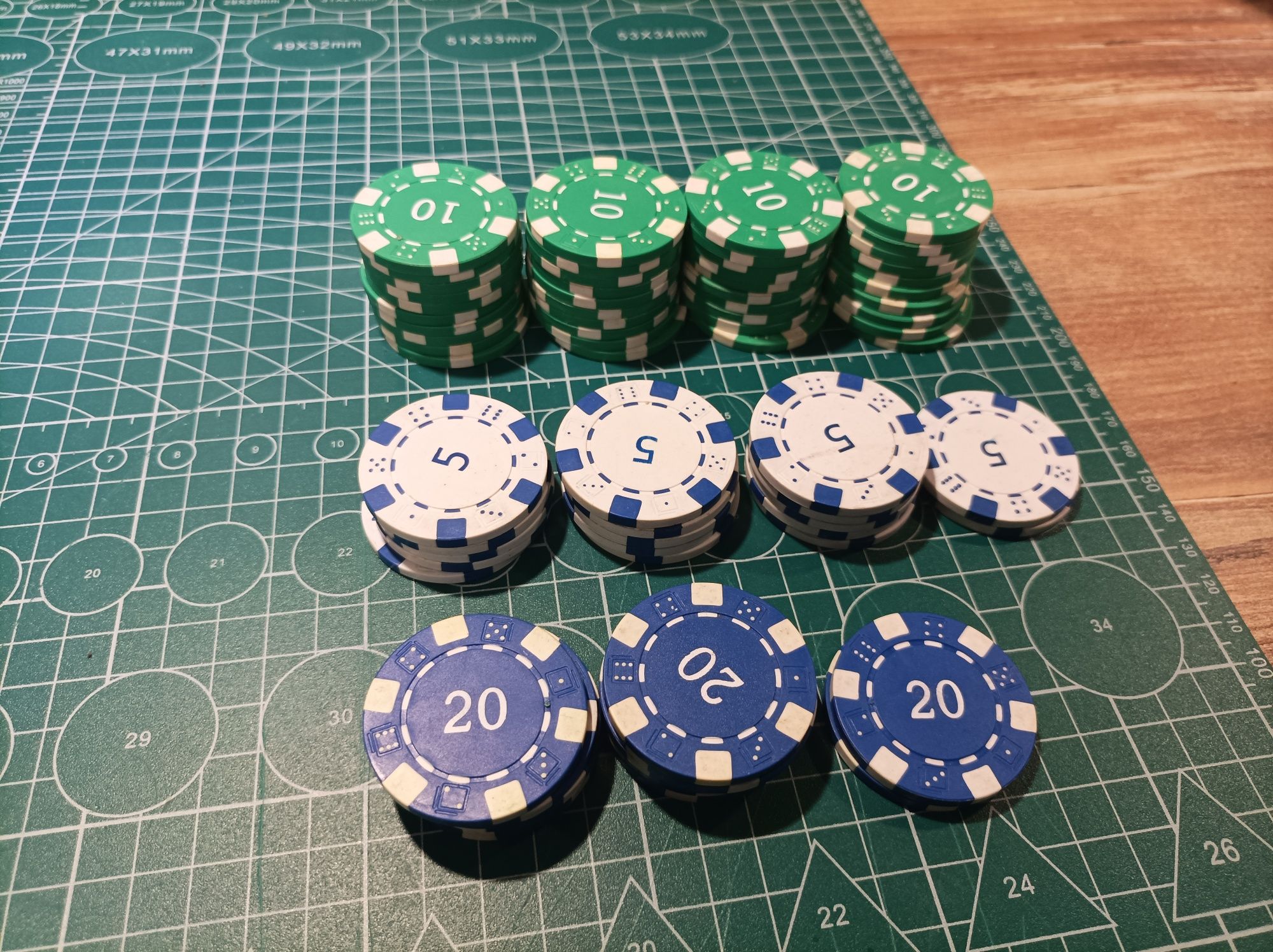 Zestaw żetonów do pokera z nominałami.