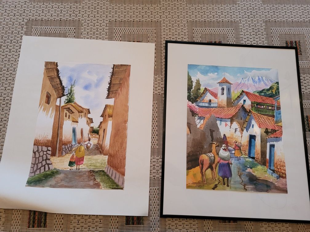 Obraz akwarela handmade z Peru obrazek do antyramy Cuzco