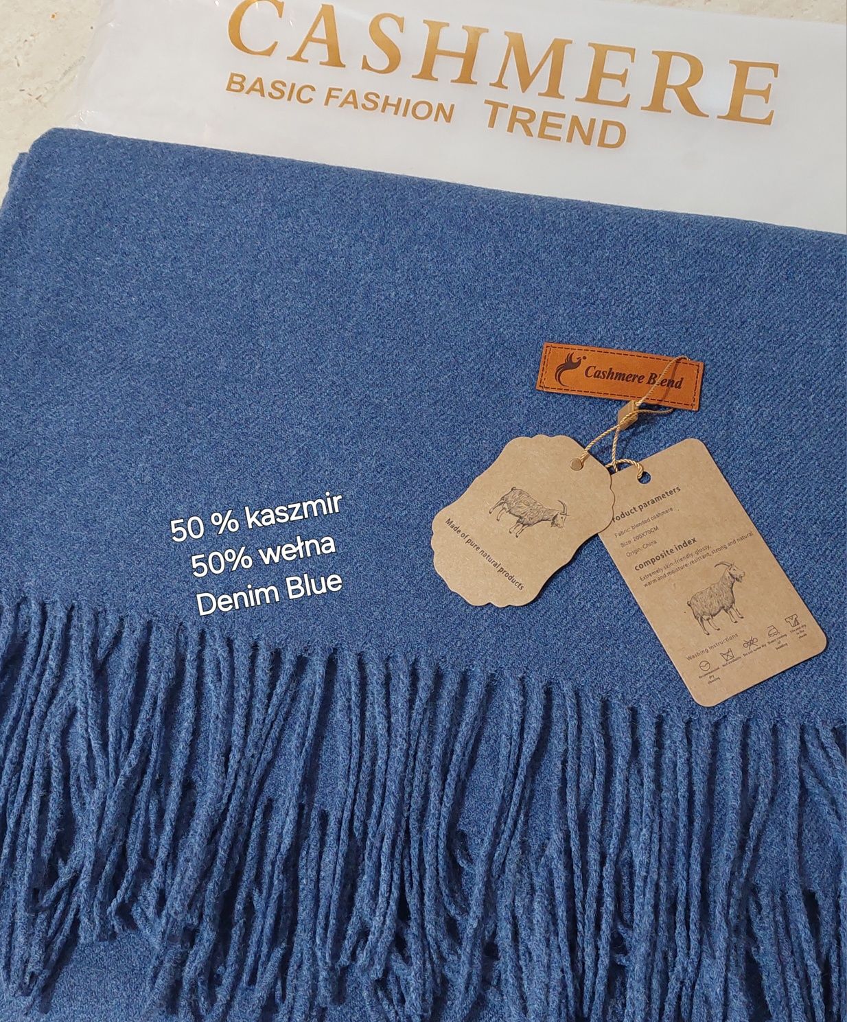 Piękny szal 50%kaszmir 50% wełna firmy Cashmere r 200x70 denim blue