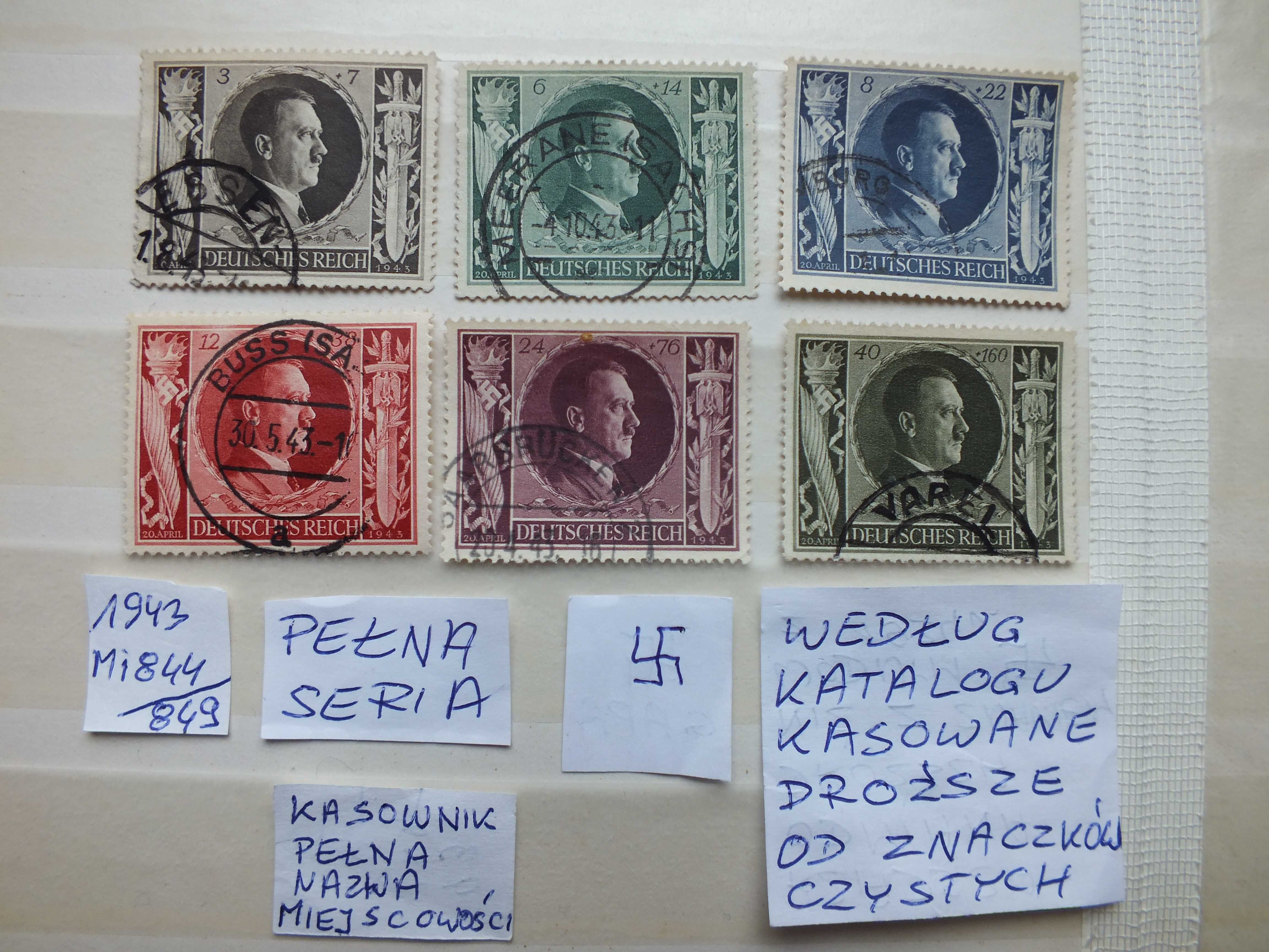 6szt. znaczki Mi 844 Niemcy 1943r.HITLER,Swastyka,gapa Rzesza kasowane