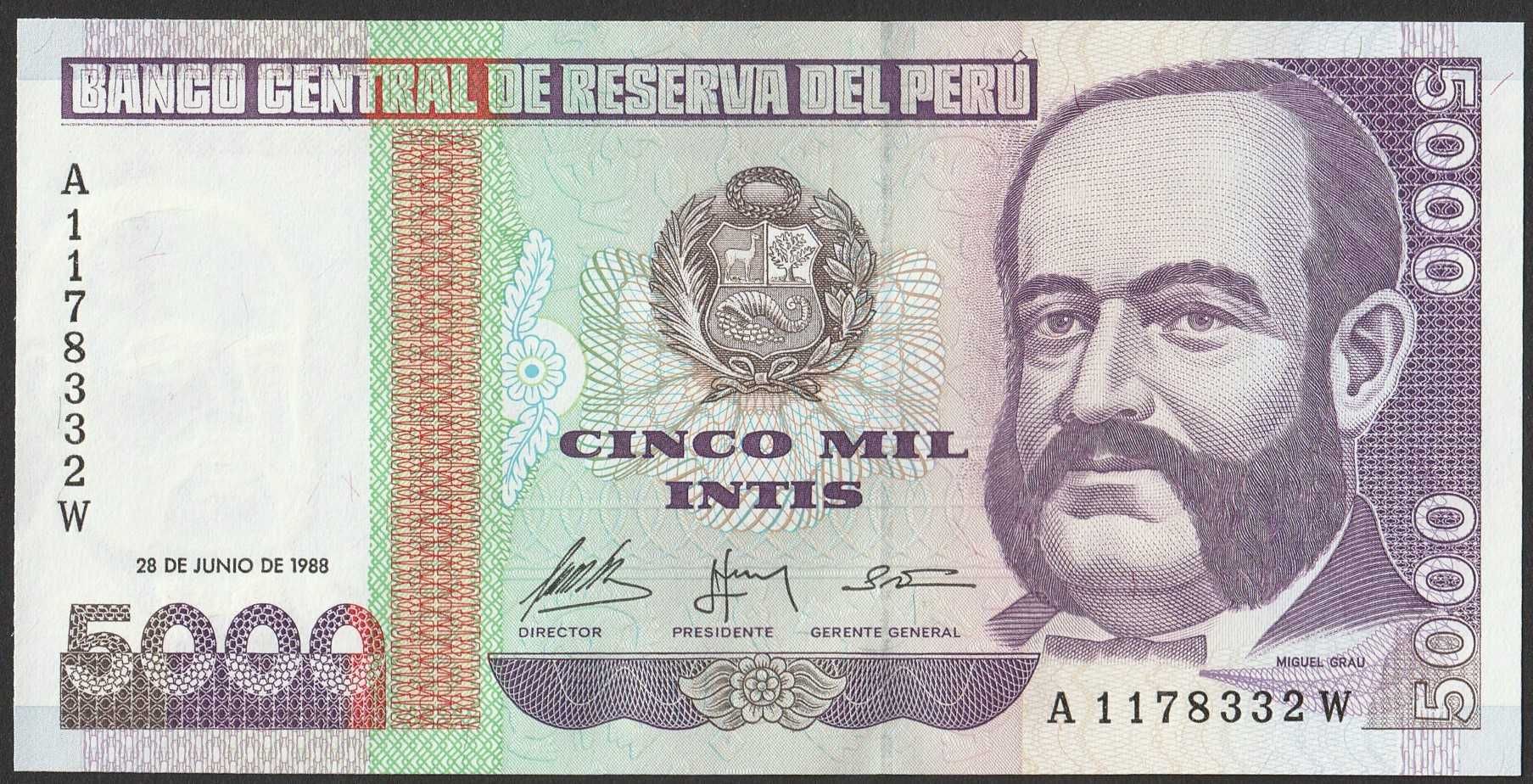 Peru 5000 intis 1988 - Miguel Grau - stan bankowy UNC