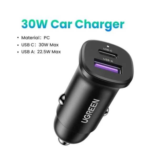 Автомобільний зарядний пристрій UGREEN 30W Type U+C PD3.0 QC4.0