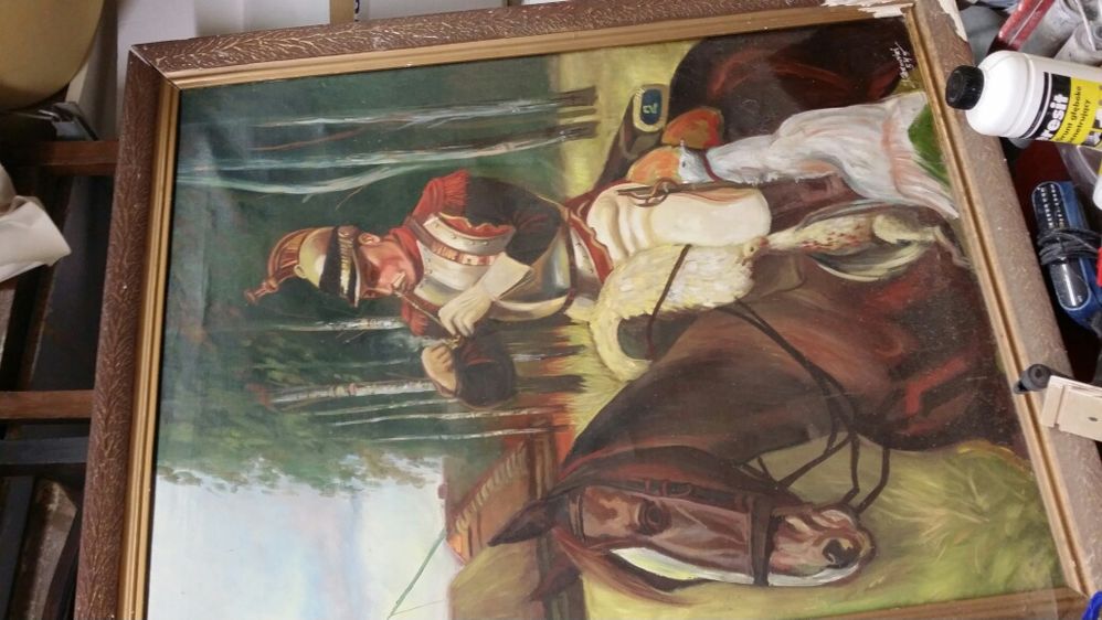 Piekny duży stary obraz olejny Ułan na koniu