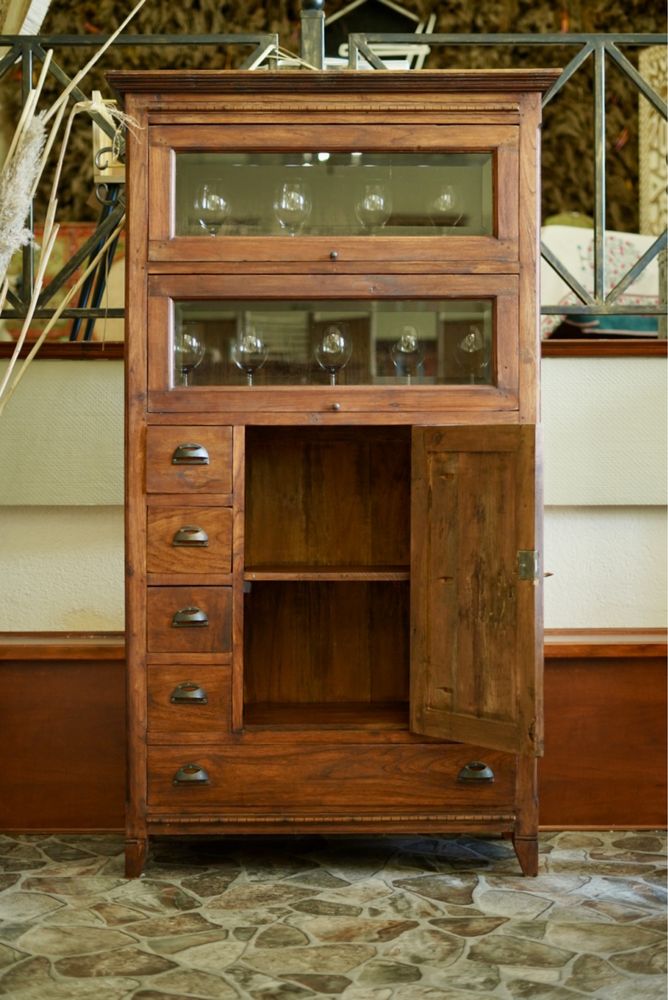 Stara witryna drewniana kredens z szufladami szkłem kolonialna