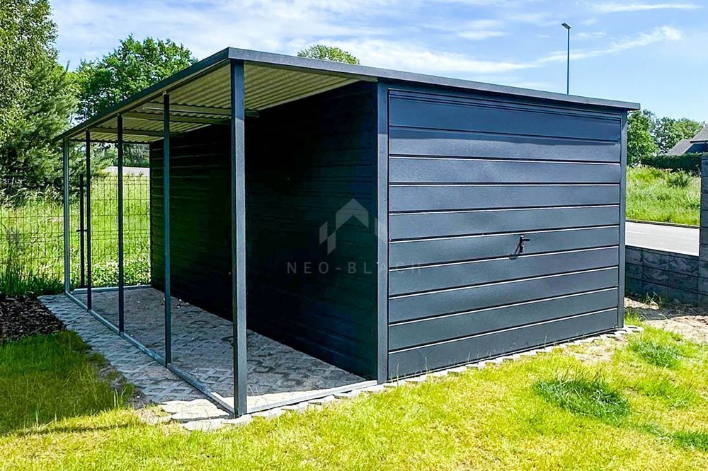 Garaż Blaszany 3X5M + Wiata 1X5M Brama Uchylna Antracyt Nb203