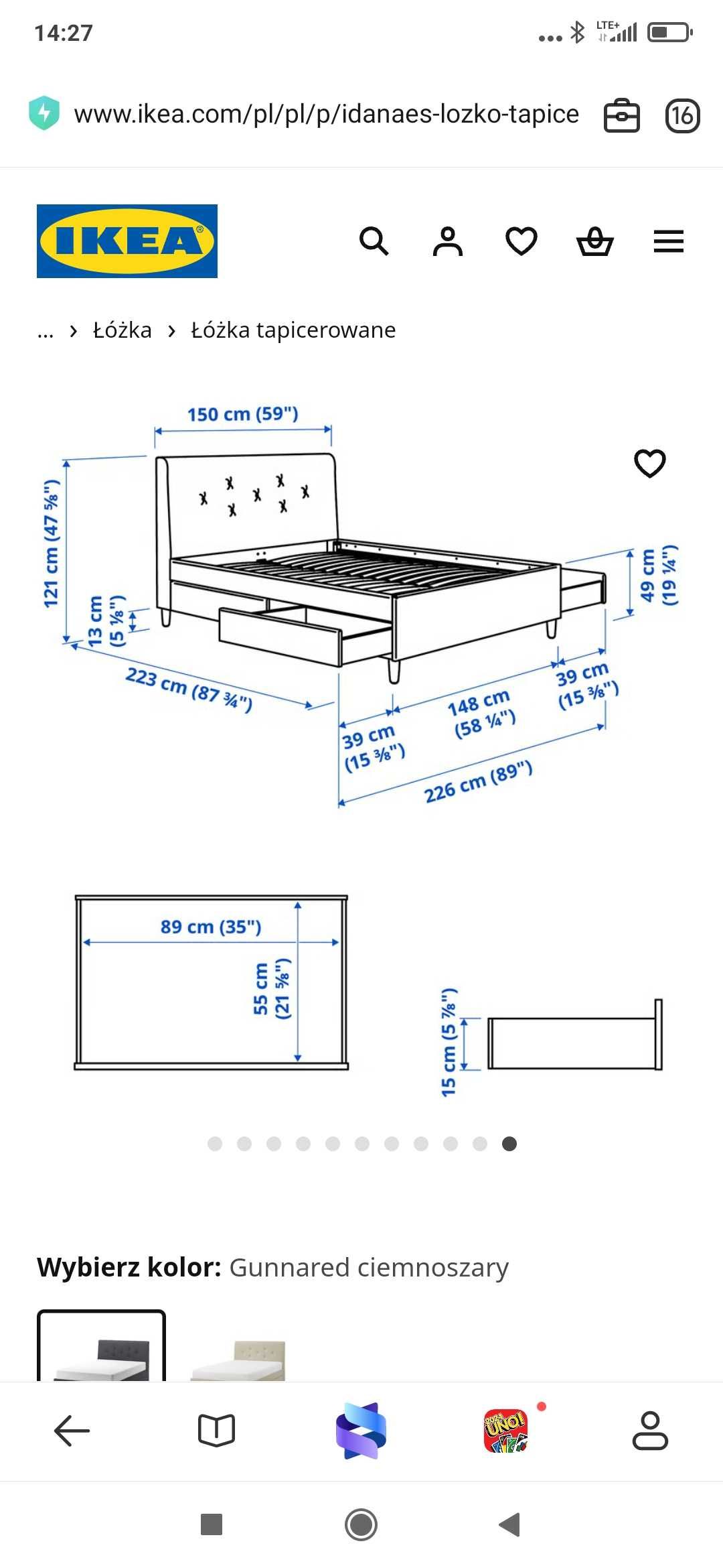 Łóżko IKEA Gunnared 140x200cm tapicerowane szare,  stan jak nowe