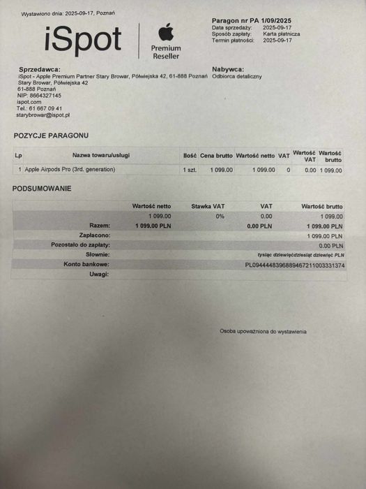 Apple Airpods pro 3 orginal faktury itp