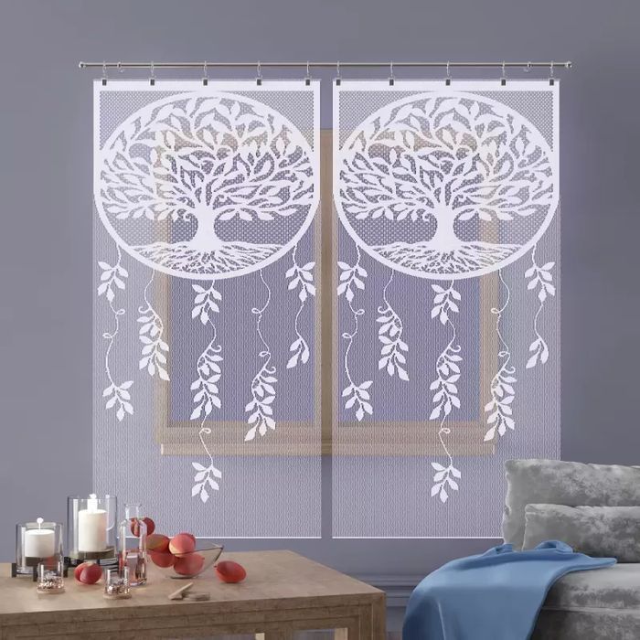 Firanka panel żakardowy frędzle Drzewo Życia 70x165 cm biały