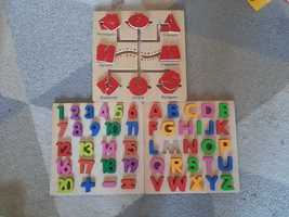 Zestaw ukladanek drewnianych cyfry alfabet figry geometryczne