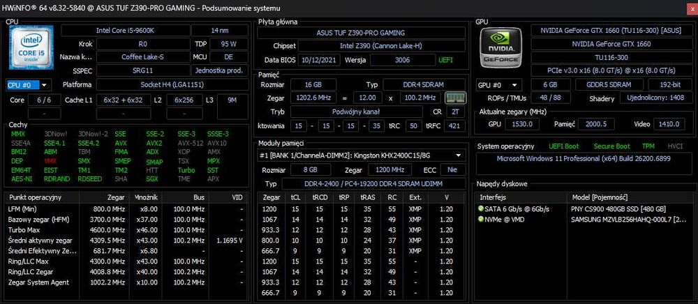 Komputer GAMINGOWY i5/Z390/1660 6GB/16GB/500GB SSD + 256GB M.2/W11pro