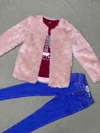 Набор одежды для девочки 11-12 лет Меховая накидка, джинсы, лонгслив