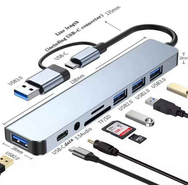 USB HUB адаптер 8 в 1 концентратор розгалужувач 4 USB/Type-C/SD/TF/AUX