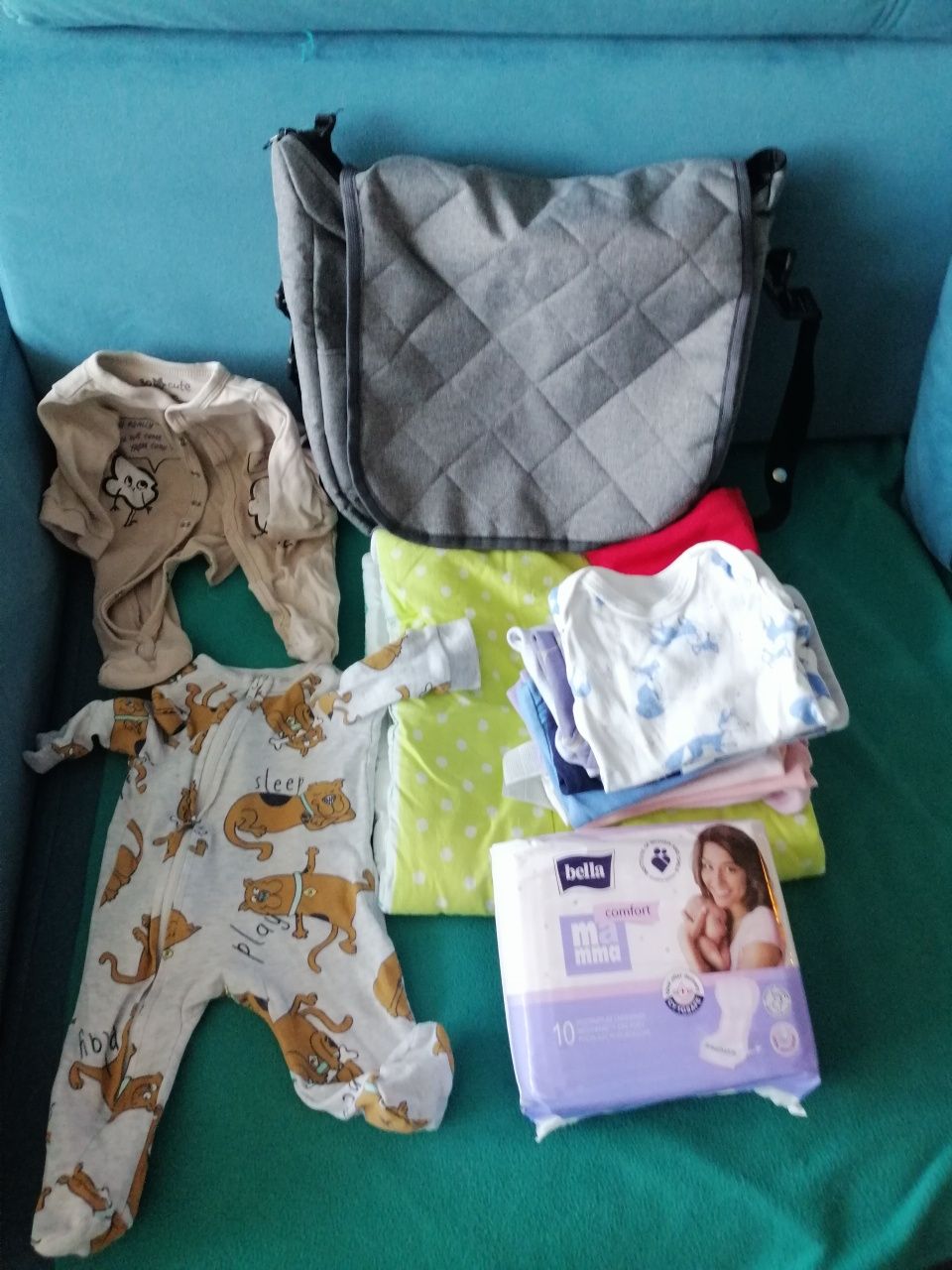 Ubranka dla noworodka +torba i poporodowe duze podpaski