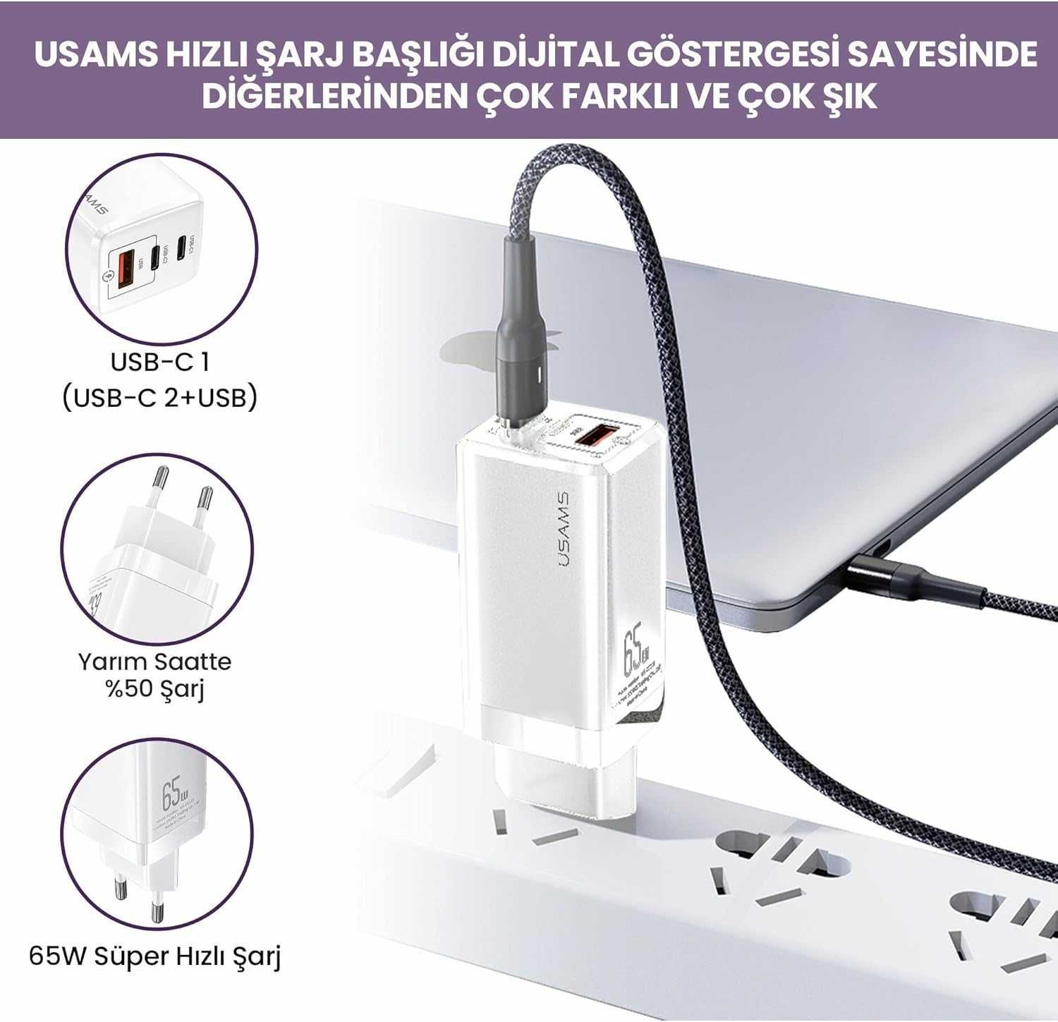 Зарядний пристрій USAMS US-CC110 1USB/2Type-C,QC/PD, 65 W Німеччина