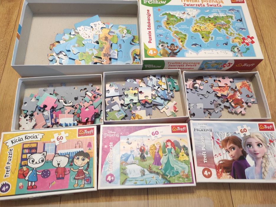 Puzzle 4+, Frozen II, Princess, kicia kocia, mapa świata