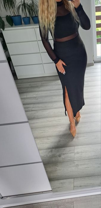 Sukienka dluga czarna z siateczka i rozcięciem rozmiar 38 M