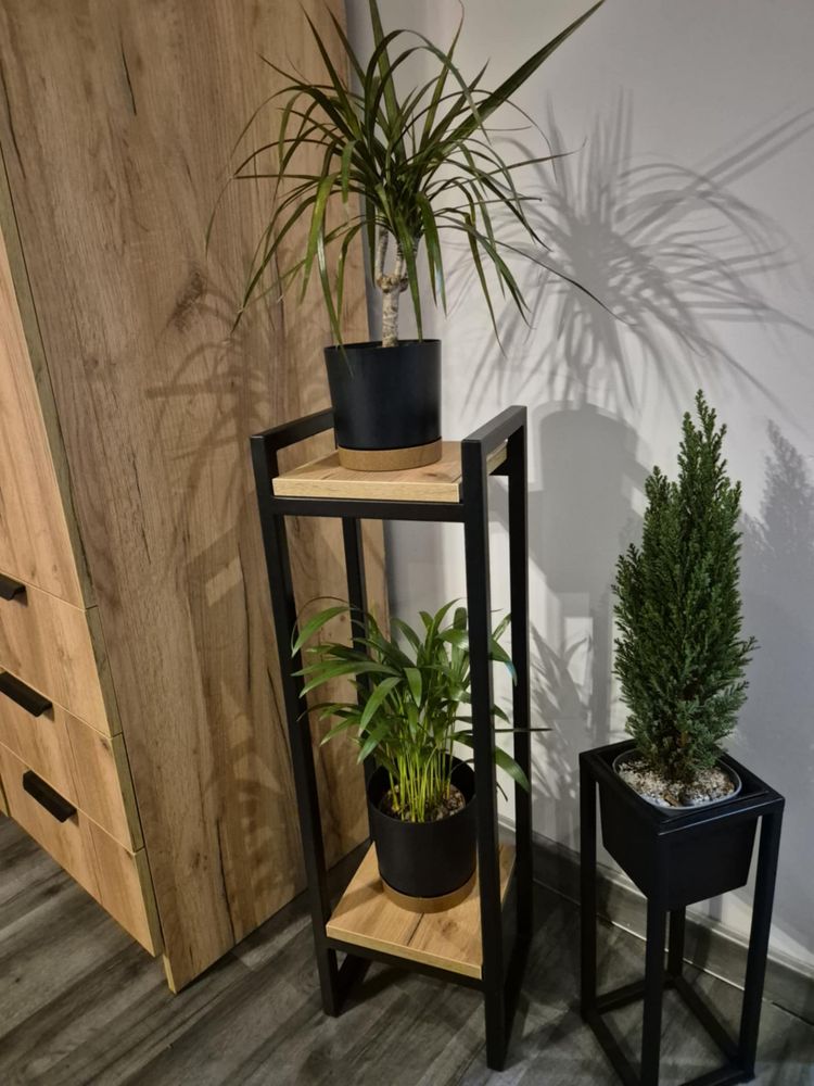 Kwietnik loft handmade | stal + drewno | nowoczesny stojak na kwiaty