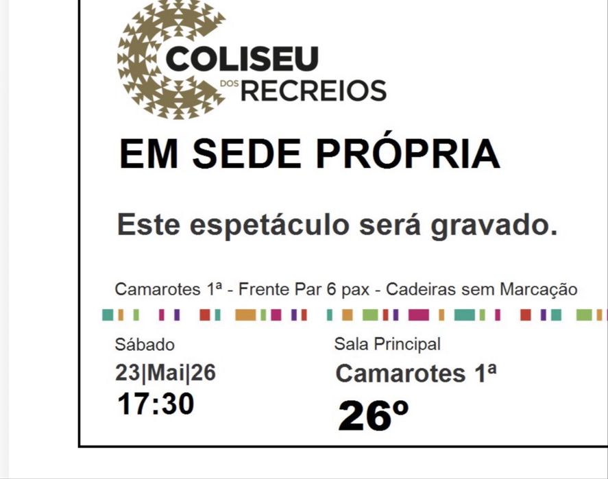Vendo 2 bilhetes para Em Sede Propria