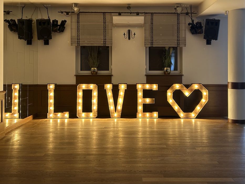 Napisy drewniane led LOVE, MIŁOŚĆ, SERCE - WYNAJMĘ