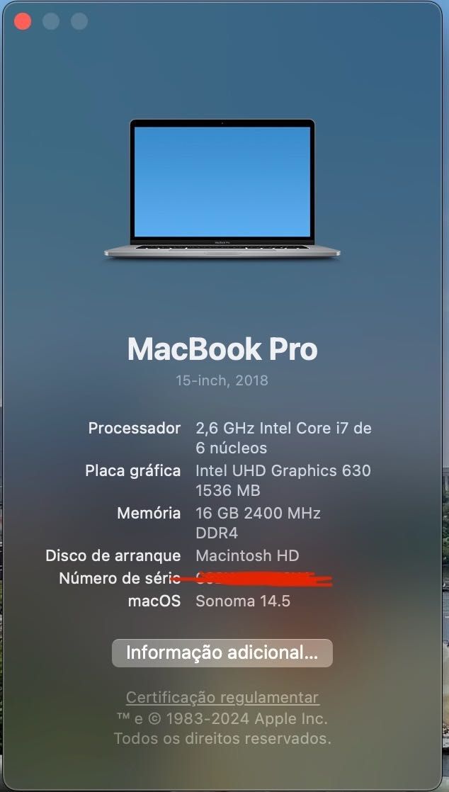 Macbook pro 15.4” de 2018 intel i7 6core 16GB RAM 512GB SSD, COMO NOVO