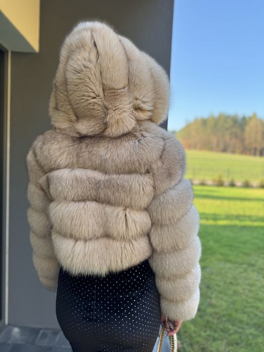 Futro 100% lis krótkie beżowe s/m kaptur naturalne premium nowe