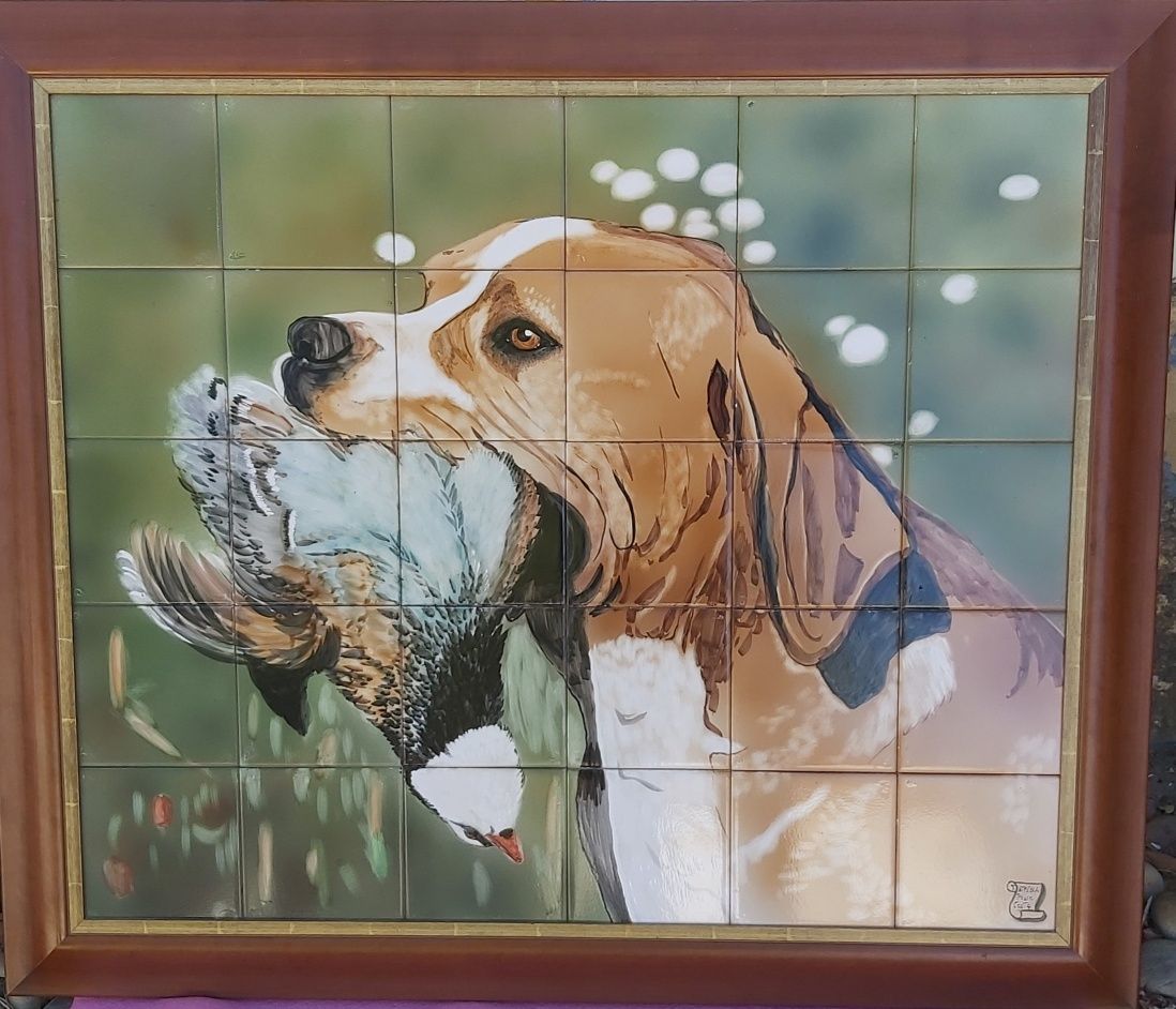 Painel de azulejo  pintado a mão cão caça