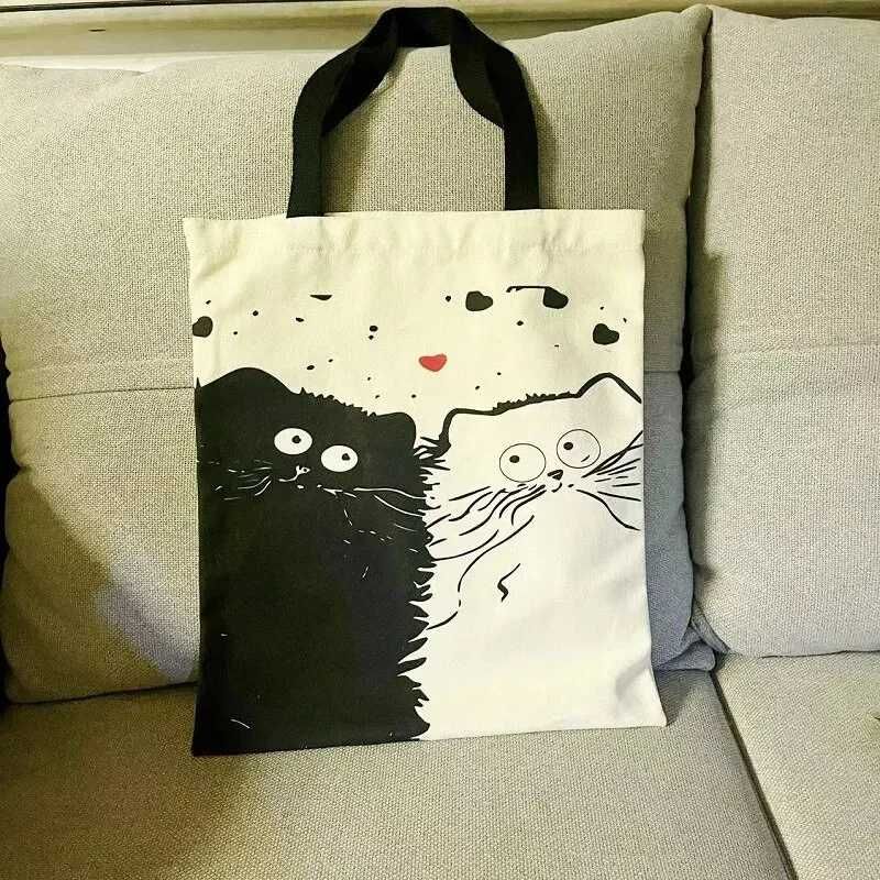 Еко сумка шопер тканева молочного кольору для покупок, котик, кіт