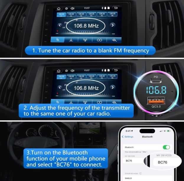 samochodowy transmitter adapter Bluetooth 5.3 FM szybka ładowarka FM
