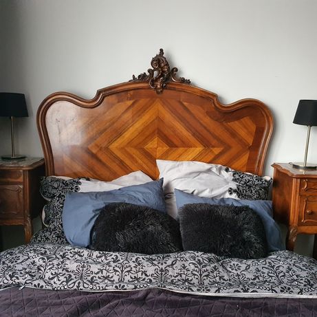Łóżko +2 szafki nocne drewniane, rokoko, ludwik, rocaille + materac