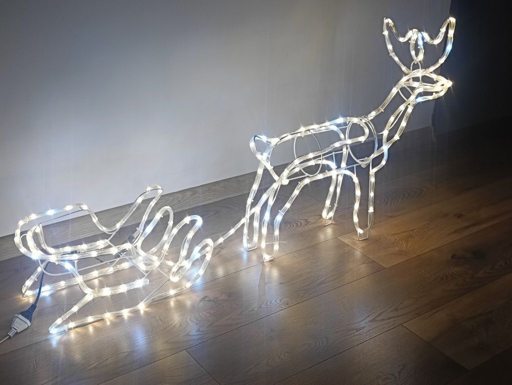 Renifer + sanie zaprzęg sanki LED 3d świetlny biały ciepły + flash
