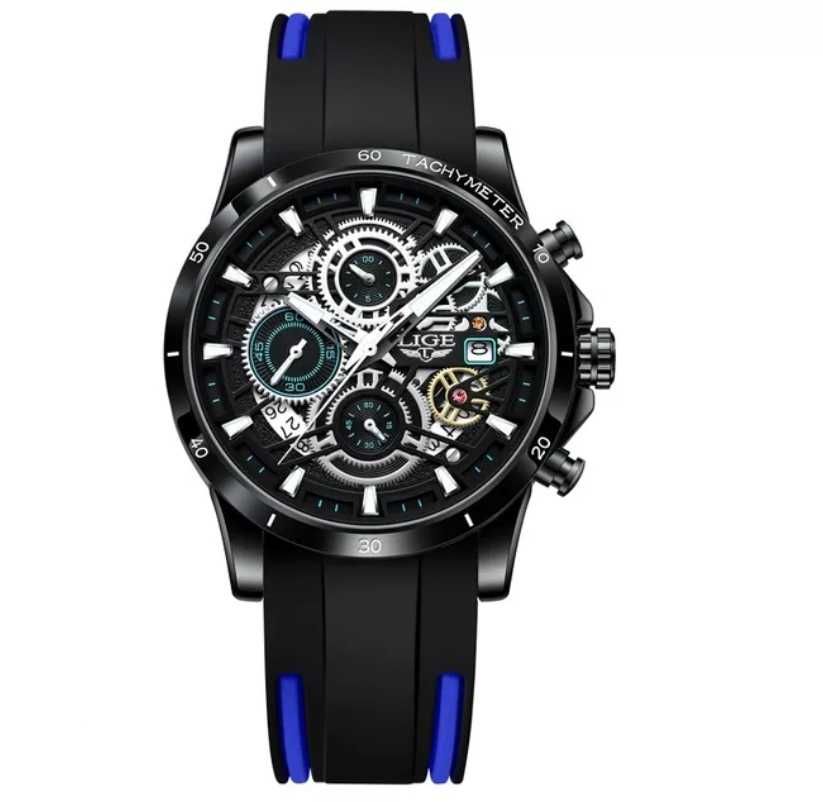 Relógio Luxuoso Masculino LIGE bracelete silicone azul e preto (Novo)