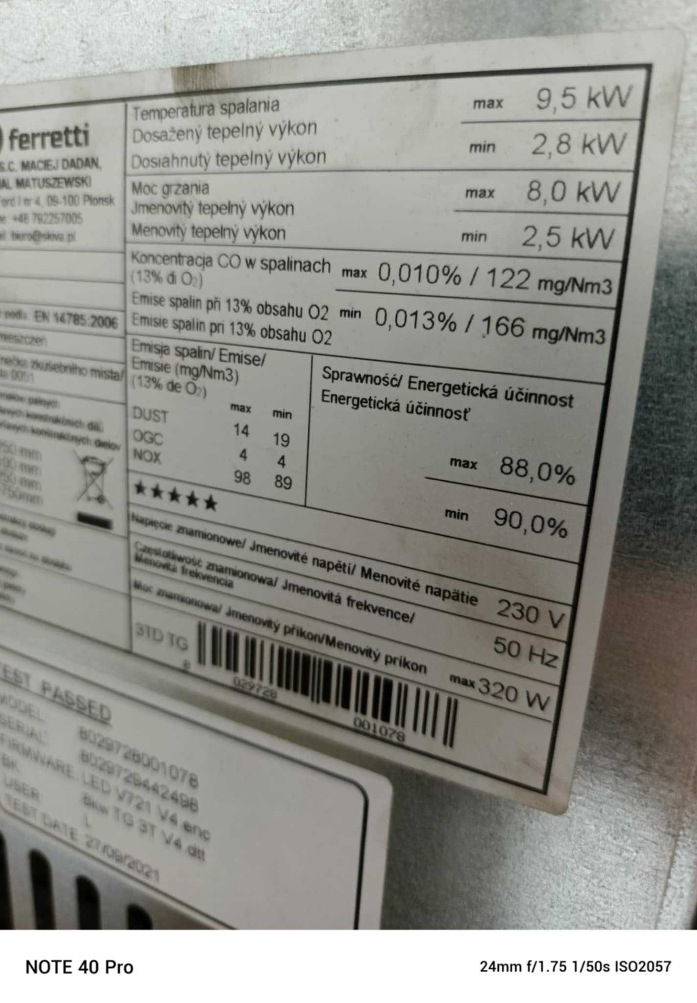 Piecyk na pellet Ferretti MILANO 8kW | Stan idealny | Rok 2021