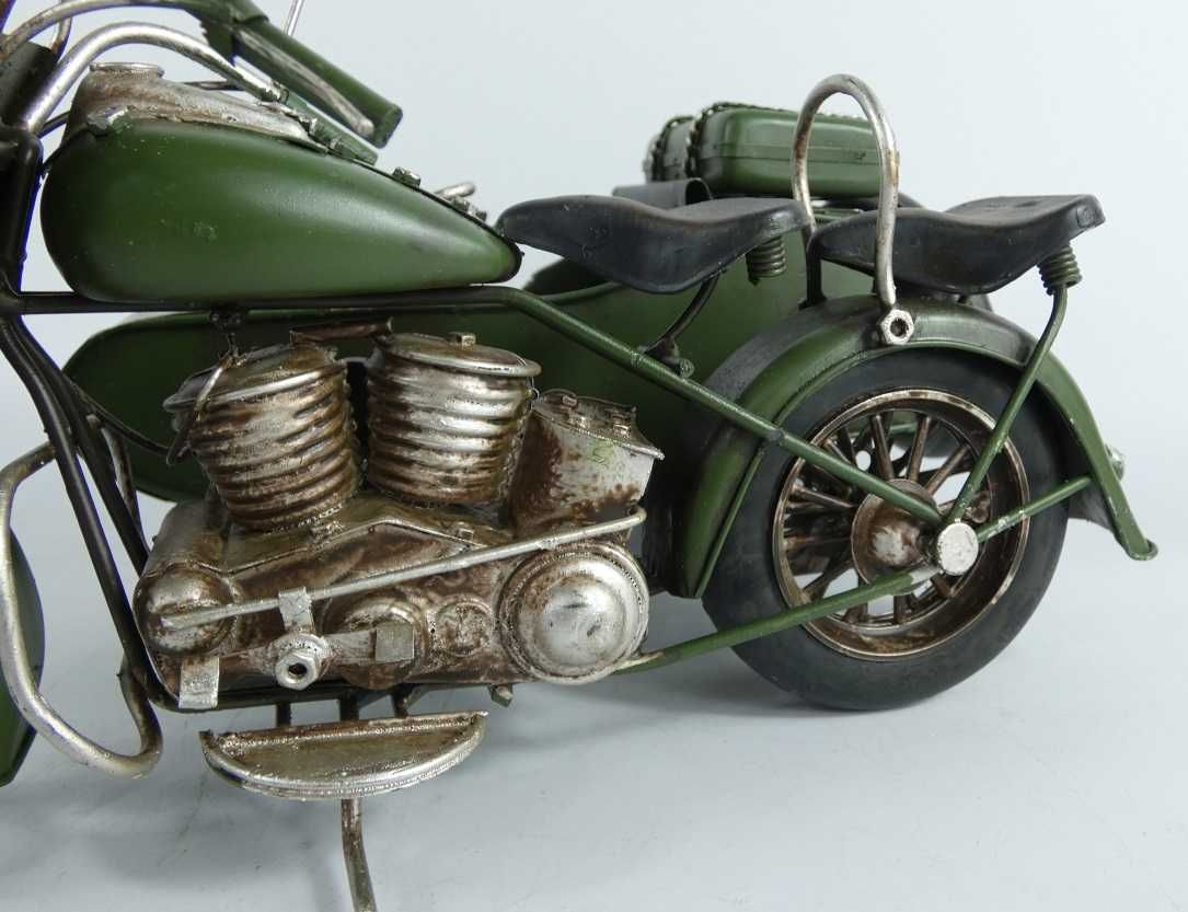Wojskowy Metalowy MOTOCYKL z koszem zielony karabin RETRO pojazd motor