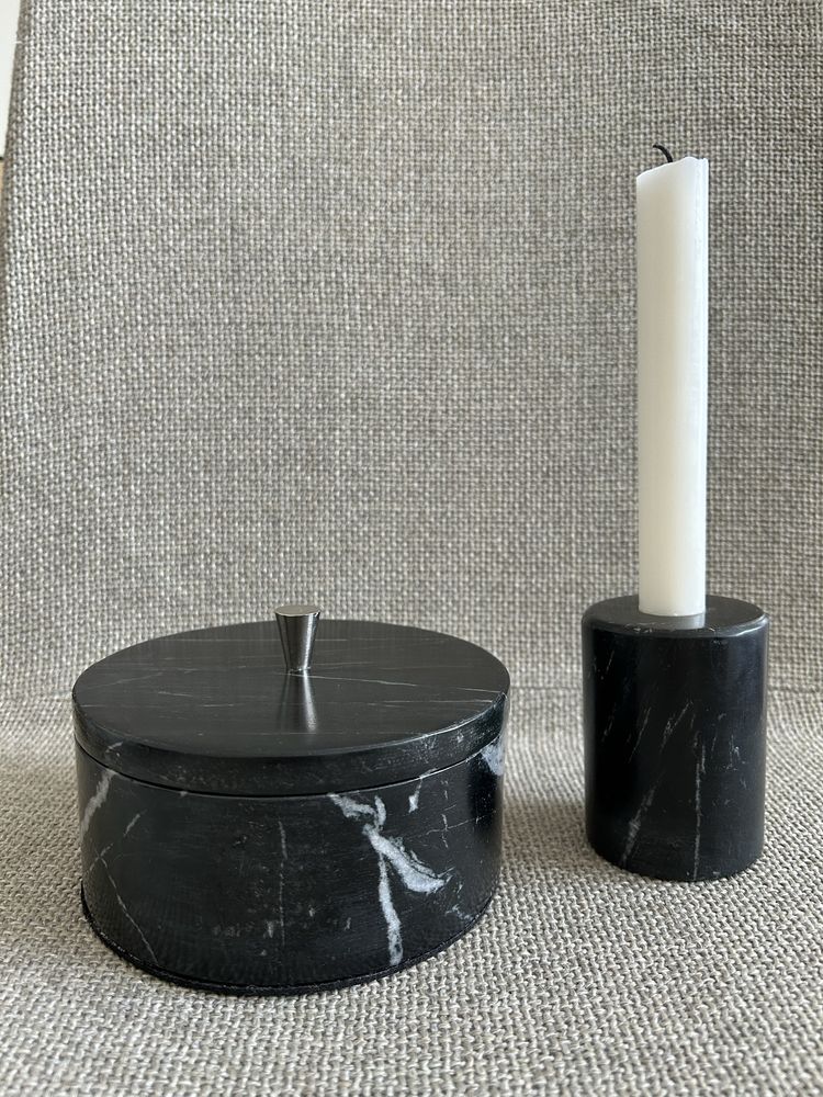 RESERVED HOME Zestaw czarny marmur pojemnik i świecznik - stan idealny