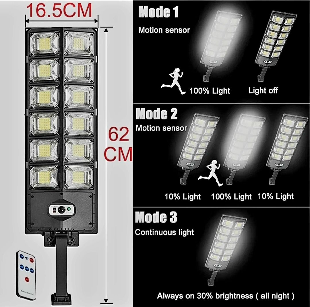 Najpotężniejsza zewnątrzna lampa słoneczna 720 LED, 8000W. 16000 lumen