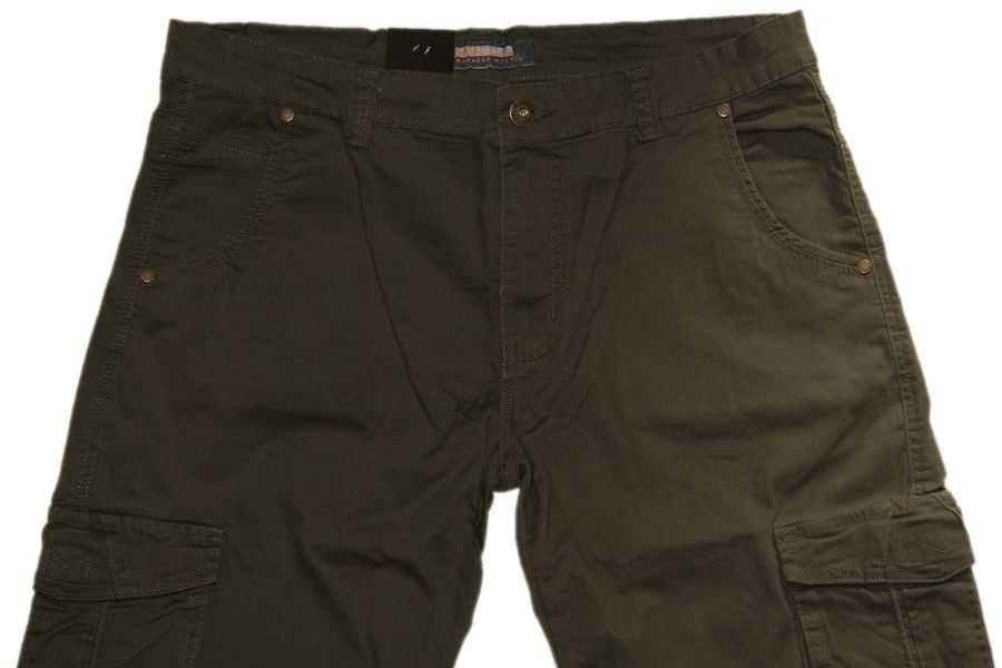 Duże BOJÓWKI MĘSKIE ze STRECZEM 3XL W40 pas 102-106 cm ciemne KHAKI